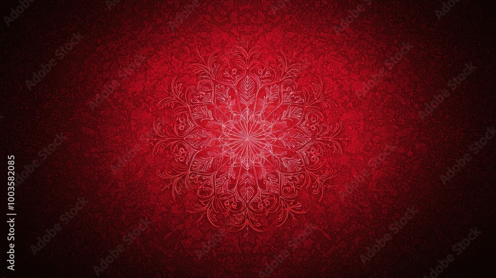 Poster a vibrant red background with intricate, delicate patterns radiating from the center, creating a ric