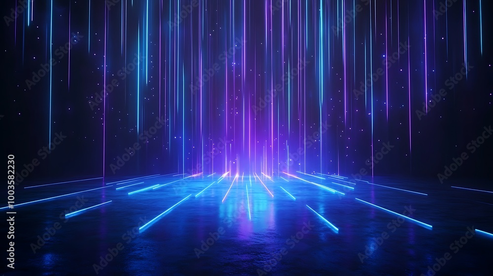 Poster futuristic glowing neon light patterns with vibrant colors against a dark background, creating an im
