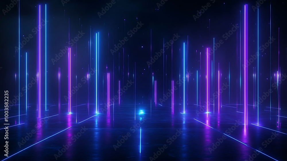 Poster futuristic glowing neon lines in deep space, creating a vibrant and dynamic visual effect.