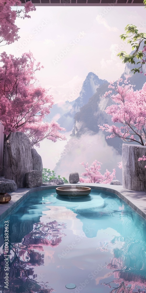 Poster a serene and peaceful scene of a small pool with a boat floating on it, surrounded by trees and moun