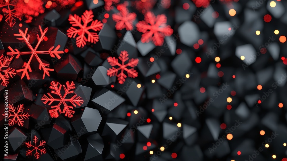 Poster a striking composition of red snowflake patterns against a textured black background, evoking a fest