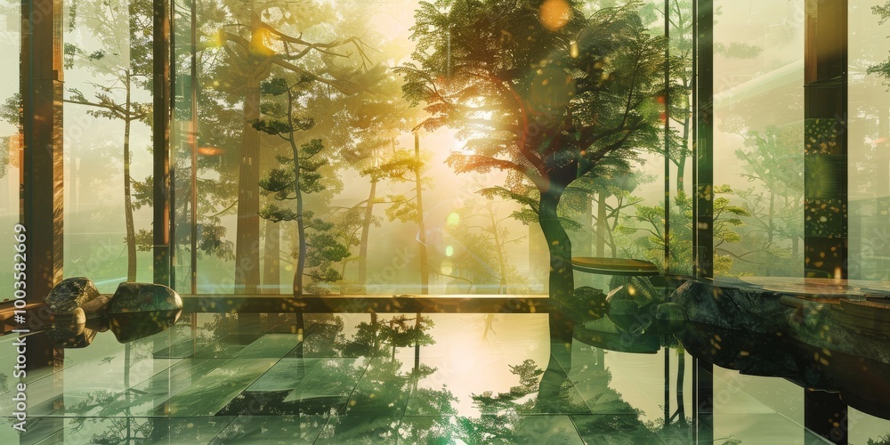 Poster spa environment captured with serene landscape elements in a double exposure effect.