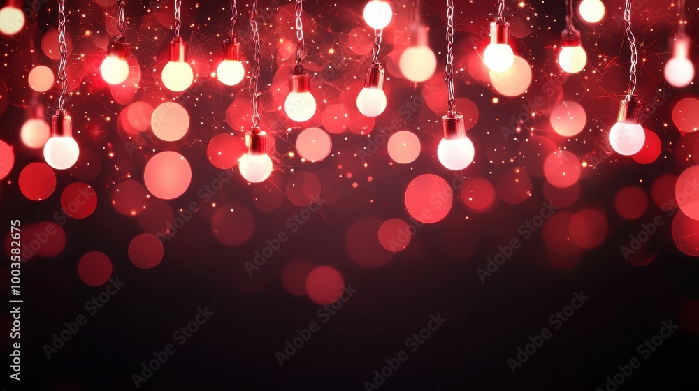 Poster a vibrant display of hanging lights glowing in shades of red, creating a festive and enchanting atmo