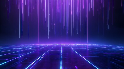 Futuristic neon landscape with purple and blue lights, creating a digital ambiance and immersive atmosphere.