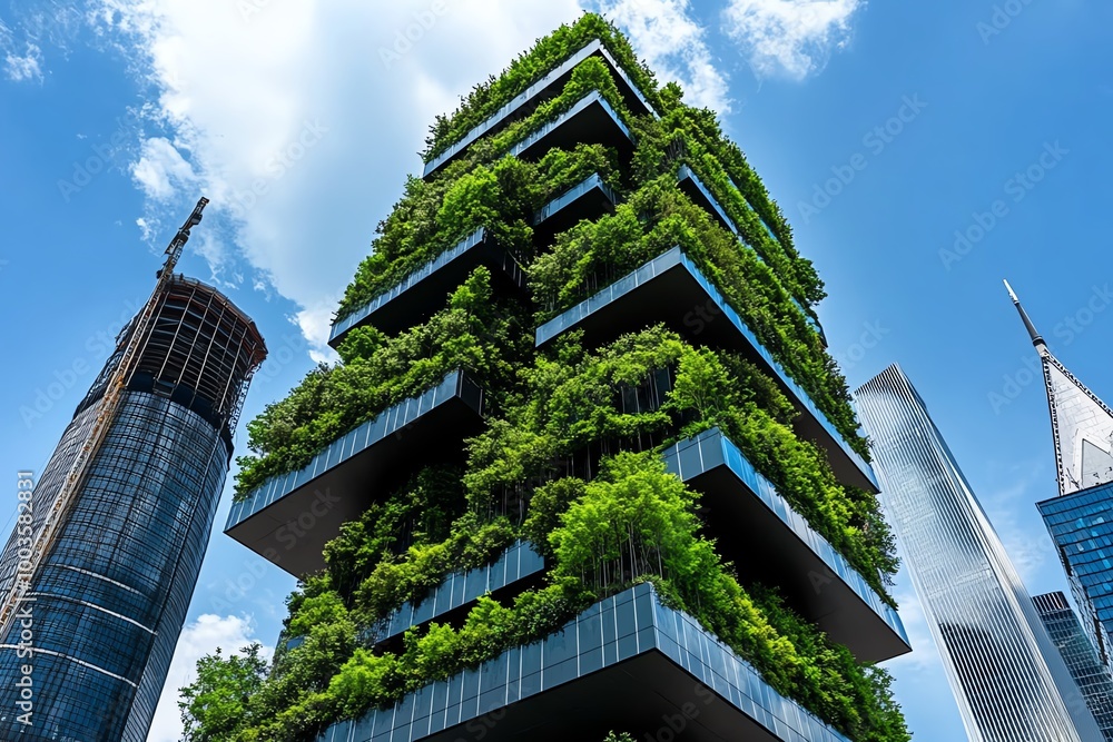 Poster futuristic architecture with vertical forests and green walls, demonstrating a cityâ€™s commitment t
