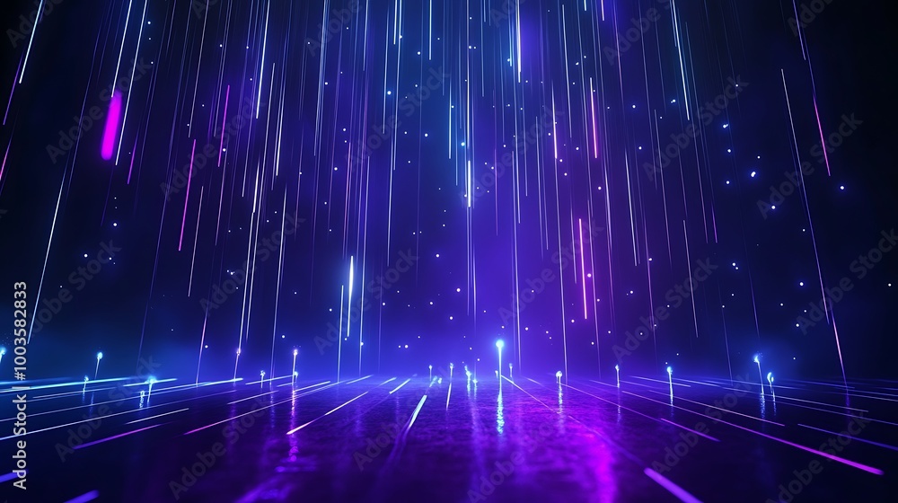 Poster futuristic neon light beams creating a mesmerizing visual pattern on a dark background.