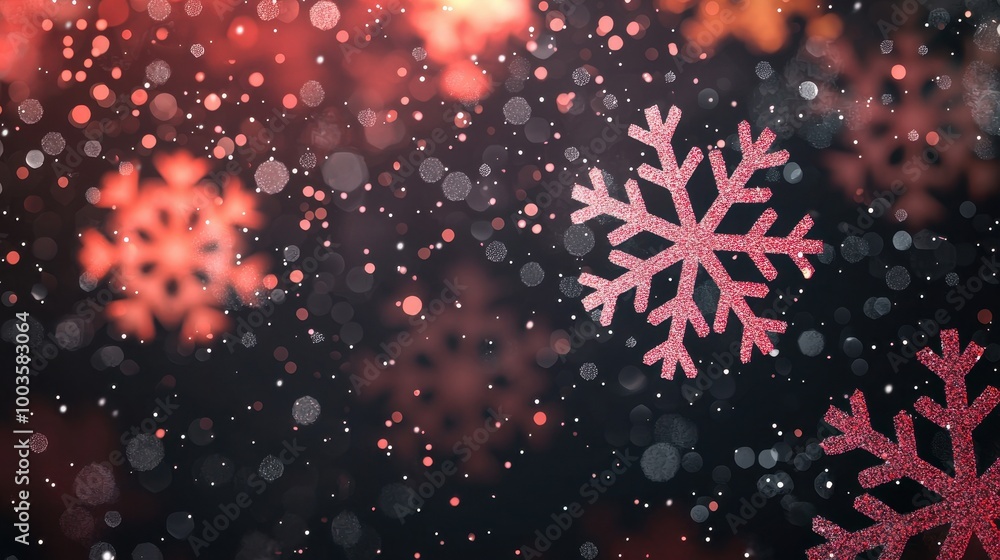 Poster a close-up of red and white snowflakes on a dark background, creating a festive and magical winter a