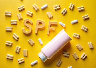 Naklejka premium Round sunscreen pills on a vibrant yellow background with wooden letters spelling SPF for skincare use