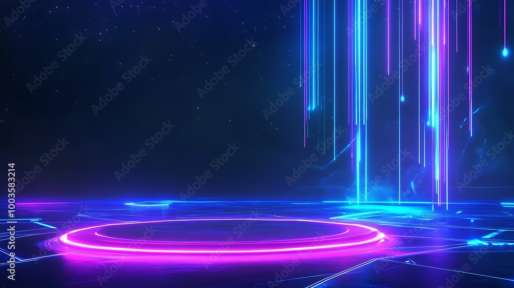 Poster futuristic neon lights creating a vibrant and dynamic visual effect on a dark background.