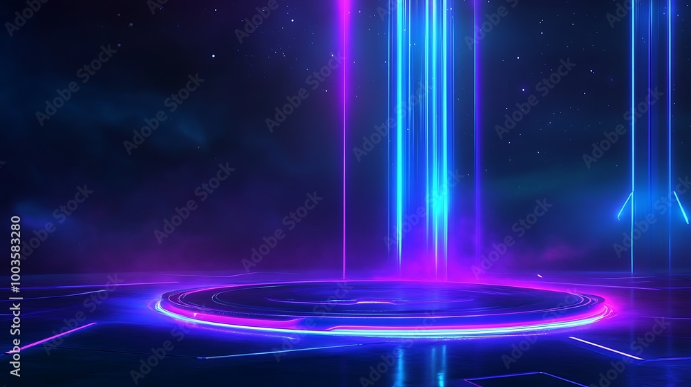 Poster futuristic neon lights illuminate a circular platform, creating a vibrant and dynamic atmosphere.