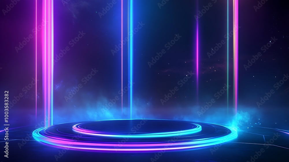 Poster futuristic neon lights illuminating a circular platform against a dark background, creating a vibran