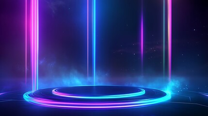 Futuristic neon lights illuminating a circular platform against a dark background, creating a vibrant and dynamic atmosphere.