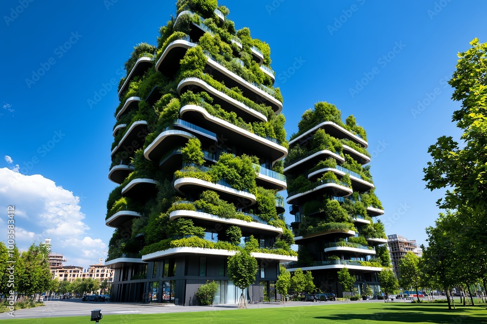 Poster futuristic architecture with vertical forests and green walls, demonstrating a cityâ€™s commitment t
