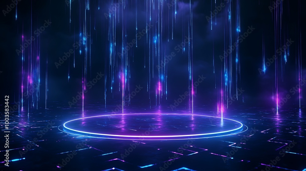 Poster futuristic neon lights with a glowing circular platform in a dark space, creating a surreal ambiance