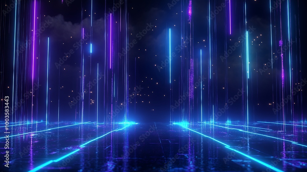 Poster futuristic neon lights streaking through a dark space, creating a vibrant and dynamic atmosphere.