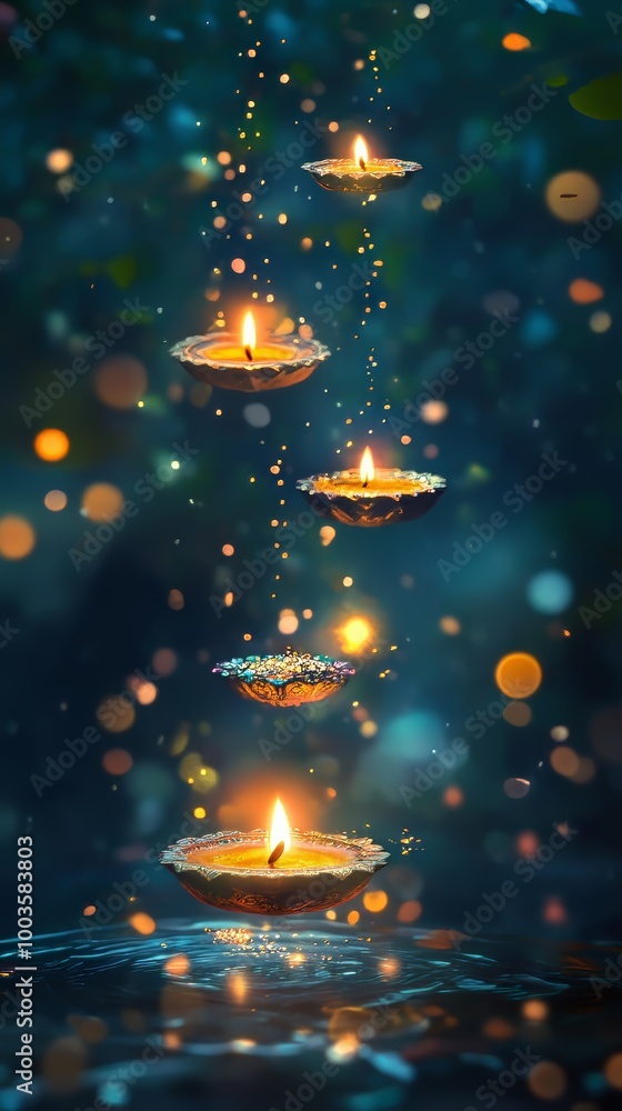 Sticker Surreal Diwali diyas with floating elements