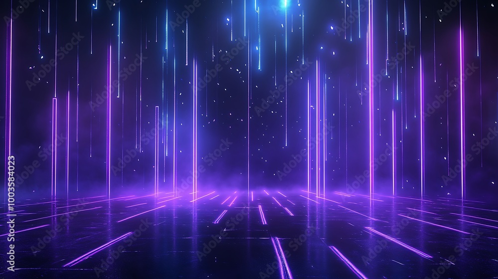 Poster neon light beams creating a dynamic and futuristic abstract background.