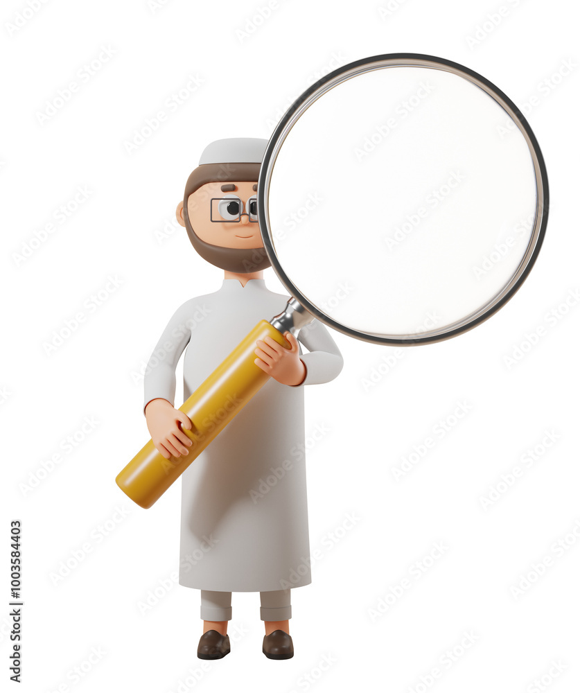Poster 3d-rendered character holding a large yellow magnifying glass, isolated on a white background. conce