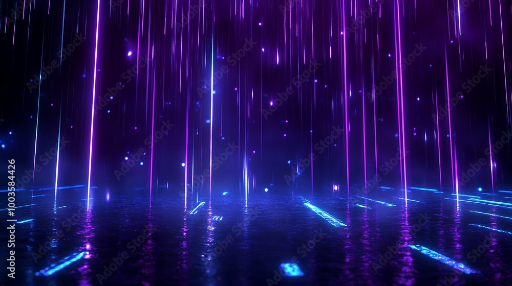 Poster vibrant abstract neon lights cascading through a dark environment, creating a dynamic and futuristic