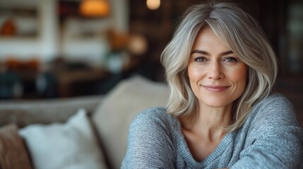 Happy 45 years old woman sitting on sofa at home. Smiling middle aged lady in living room at home. Mature female relaxing on couch.