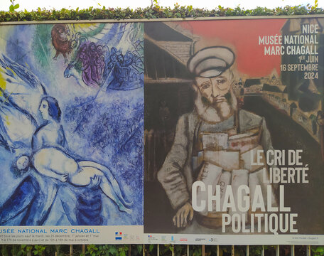 Nice, France - September 22, 2024: Poster of Marc Chagall in the garden of the March Chagall National Museum in Nice, France.