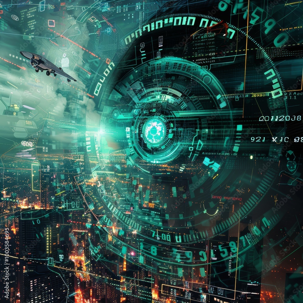 Poster surrealistic depiction of cyber security concepts.