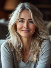 Fototapeta premium Happy 45 years old woman sitting on sofa at home. Smiling middle aged lady in living room at home. Mature female relaxing on couch.