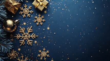 Festive christmas background with glittering snowflakes on navy blue winter backdrop