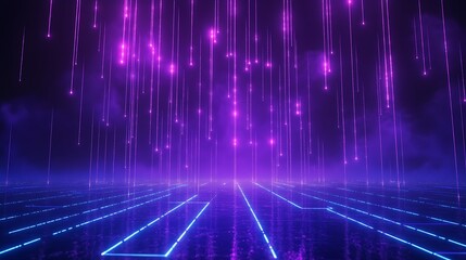 Vibrant neon digital landscape with purple lights and grid patterns, creating a futuristic atmosphere.