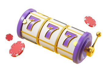 Slot machine with triple 7s and poker chips, isolated on white background. 3D Rendering. Concept of winning, gambling, and luck