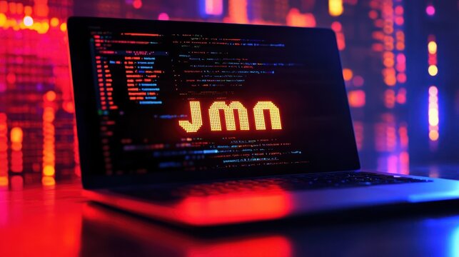Java inscription against a laptop and code background.
