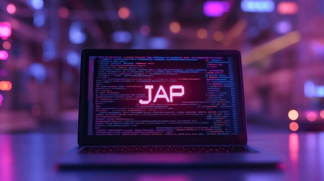 Java inscription against a laptop and code background.