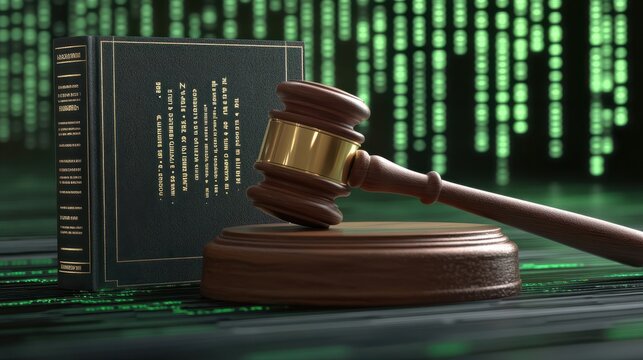 Judges gavel on a book labeled Ethics, with digital binary code in the background, symbolizing legal and moral decisions, Global Perspective