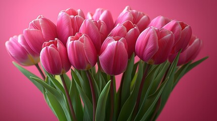 Obraz premium A beautiful bouquet of fresh pink tulips against a matching pink background, showcasing vibrant colors and natural elegance.
