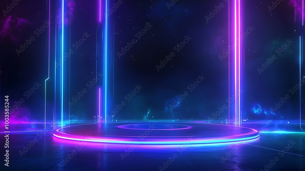 Aufkleber vibrant neon lights create a dynamic, futuristic atmosphere with glowing circular platform and color