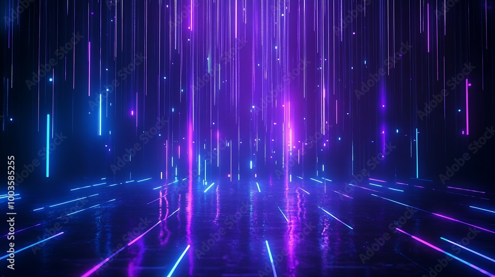Poster vibrant neon lights create a dynamic abstract backdrop with flowing patterns and reflections for cre