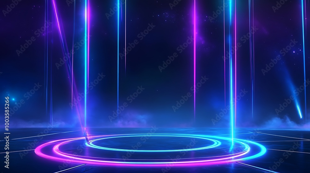 Poster vibrant neon lights create a futuristic atmosphere with colorful beams illuminating a circular space
