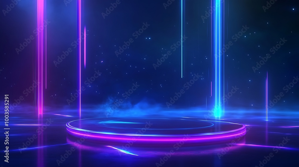 Poster vibrant neon lights create a futuristic backdrop with glowing elements on a dark surface.