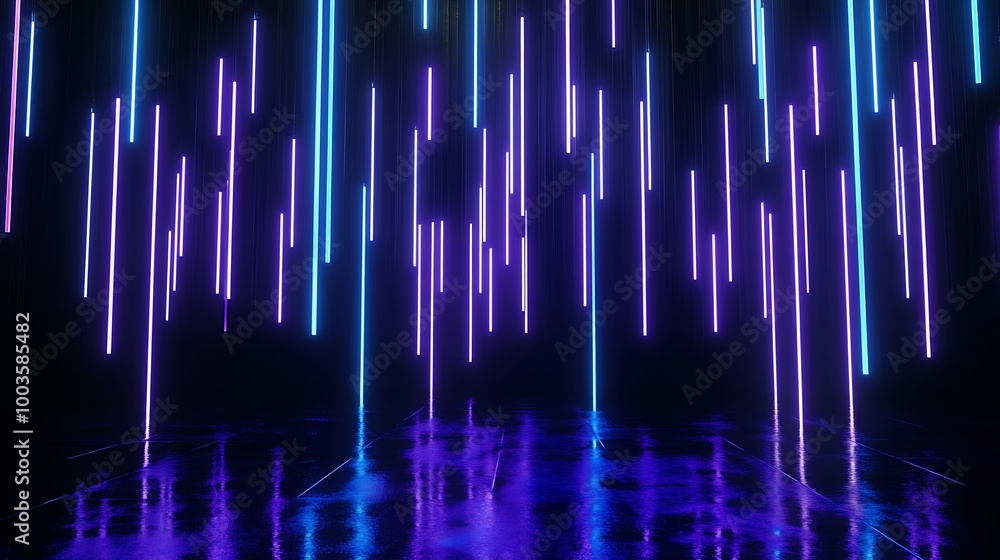 Poster vibrant neon lights falling in vertical streams over a reflective surface, creating a mesmerizing gl