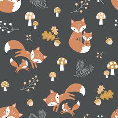 Seamless vector pattern with cute hand drawn fox family, mushroom, acorn and leaves. EPS 10 vector file. Perfect for textile, wallpaper or nursery print design. © MirabellePrint