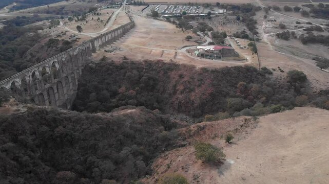 Aerial view of the arches of the site in Tepotzotlan, State of Mexico. Concept of nature and colonial architecture