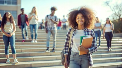 Obraz premium Full length shot of multiethnic teenage girl with walking down stairs of amphitheater with friendd, holding books on sunny day outside