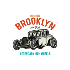 Fototapeta premium American hot rod. Classical model. Original vector illustration in vintage style isolated on white background. T-shirt design.