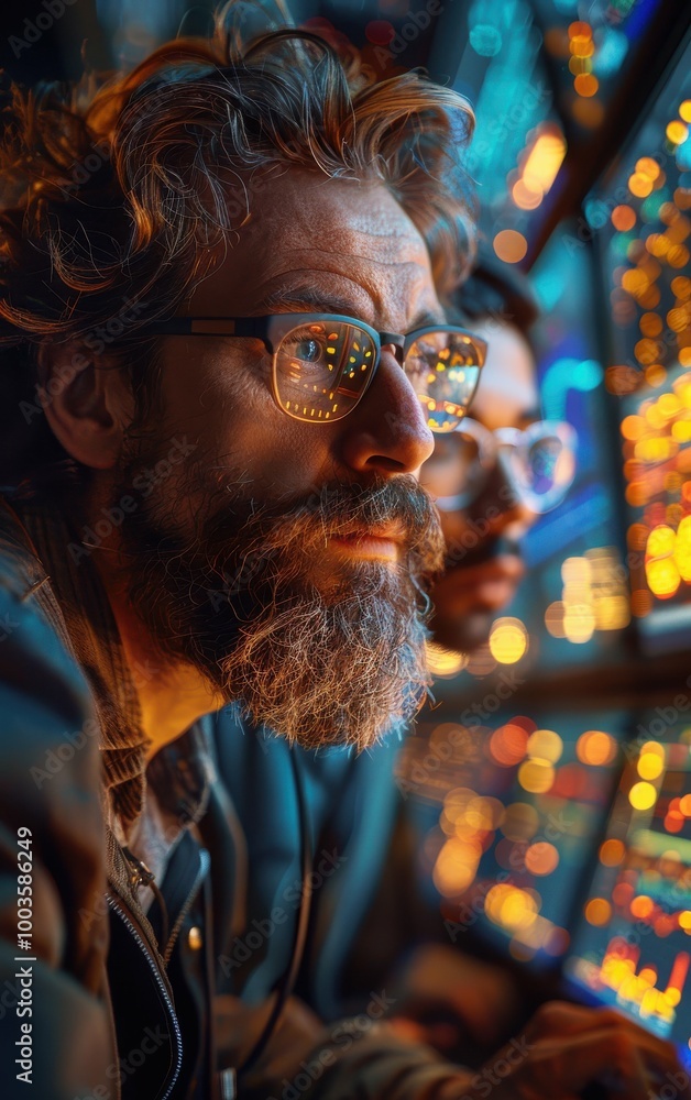 Poster two men with glasses looking at a computer screen. the man on the left has a beard and the man on th