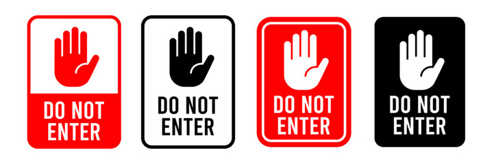 Stop signs set. Red traffic car stop hand signal warning symbol. Do not enter forbidden sticker. Ad block sign. Hazard sign symbol vector illustration isolated on white background.