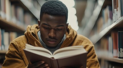 Young man reading book in library, focused on content