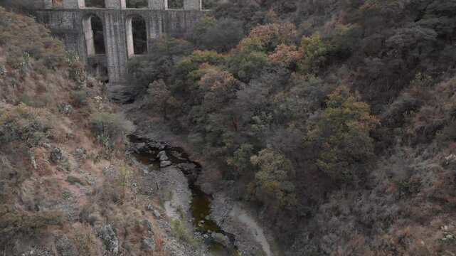 Aerial view of the arches of the site in Tepotzotlan, State of Mexico. Concept of nature and colonial architecture