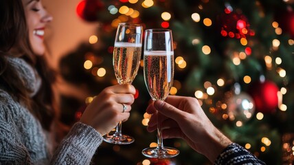 Celebrating with champagne in front of the Christmas tree, festive atmosphere.