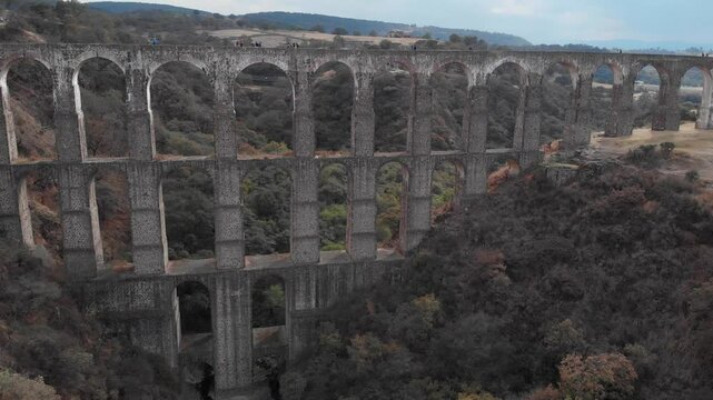 Aerial view of the arches of the site in Tepotzotlan, State of Mexico. Concept of nature and colonial architecture