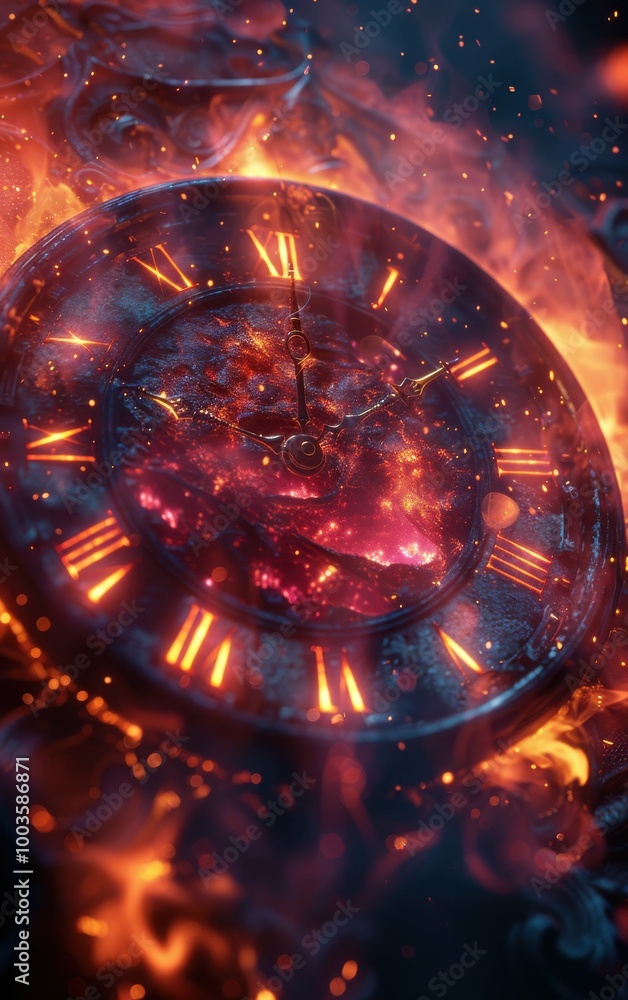 Poster a close up of a clock with the hands at the numbers 3 and 9. the clock is surrounded by fire and smo